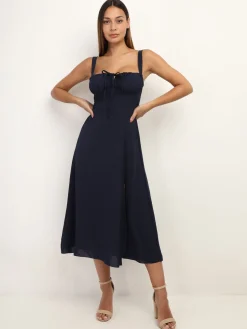 Discount La Modeuse Robe corset mi-longue à fente BleuMarine