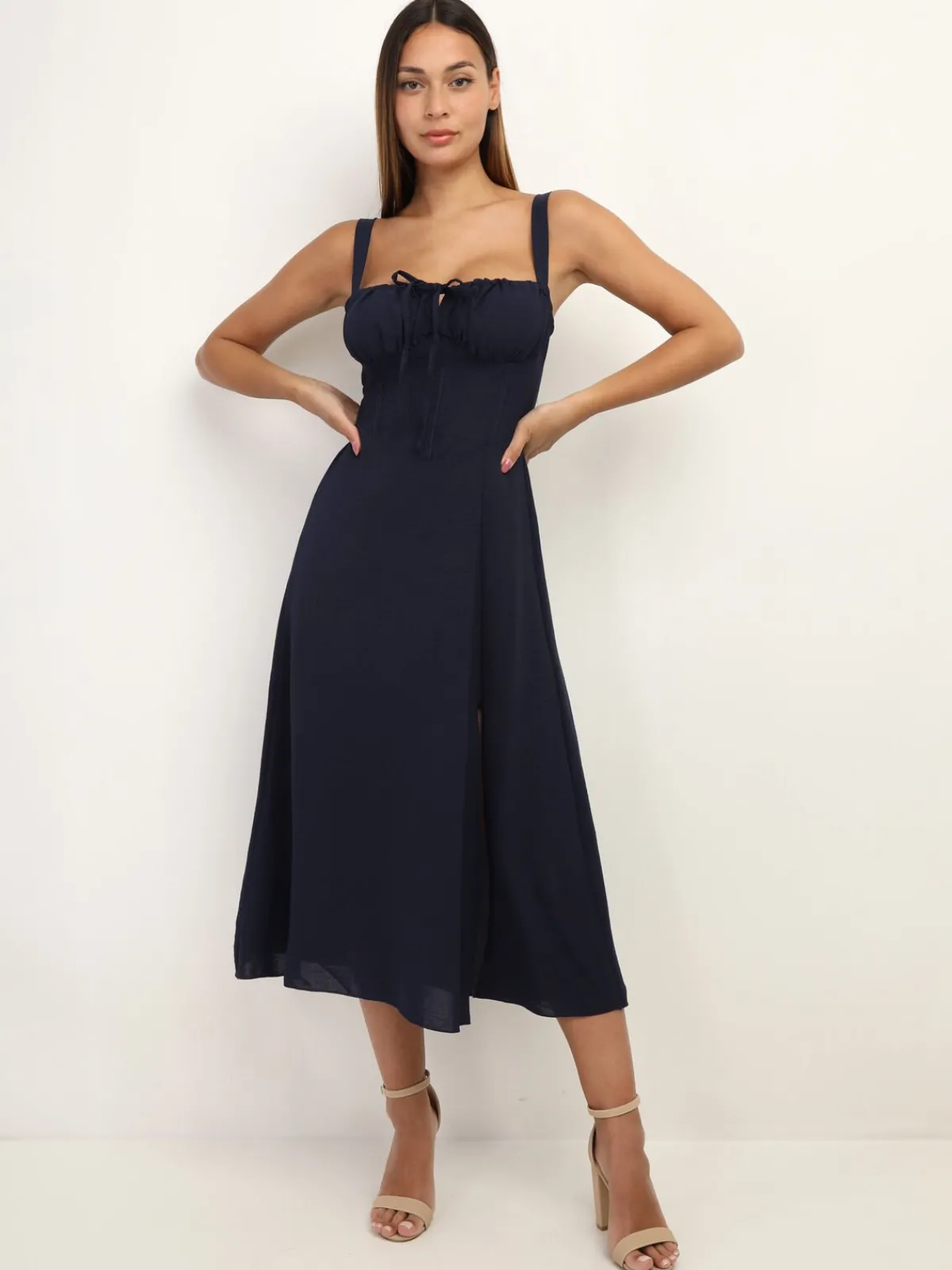 Discount La Modeuse Robe corset mi-longue à fente BleuMarine