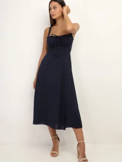 Discount La Modeuse Robe corset mi-longue à fente BleuMarine