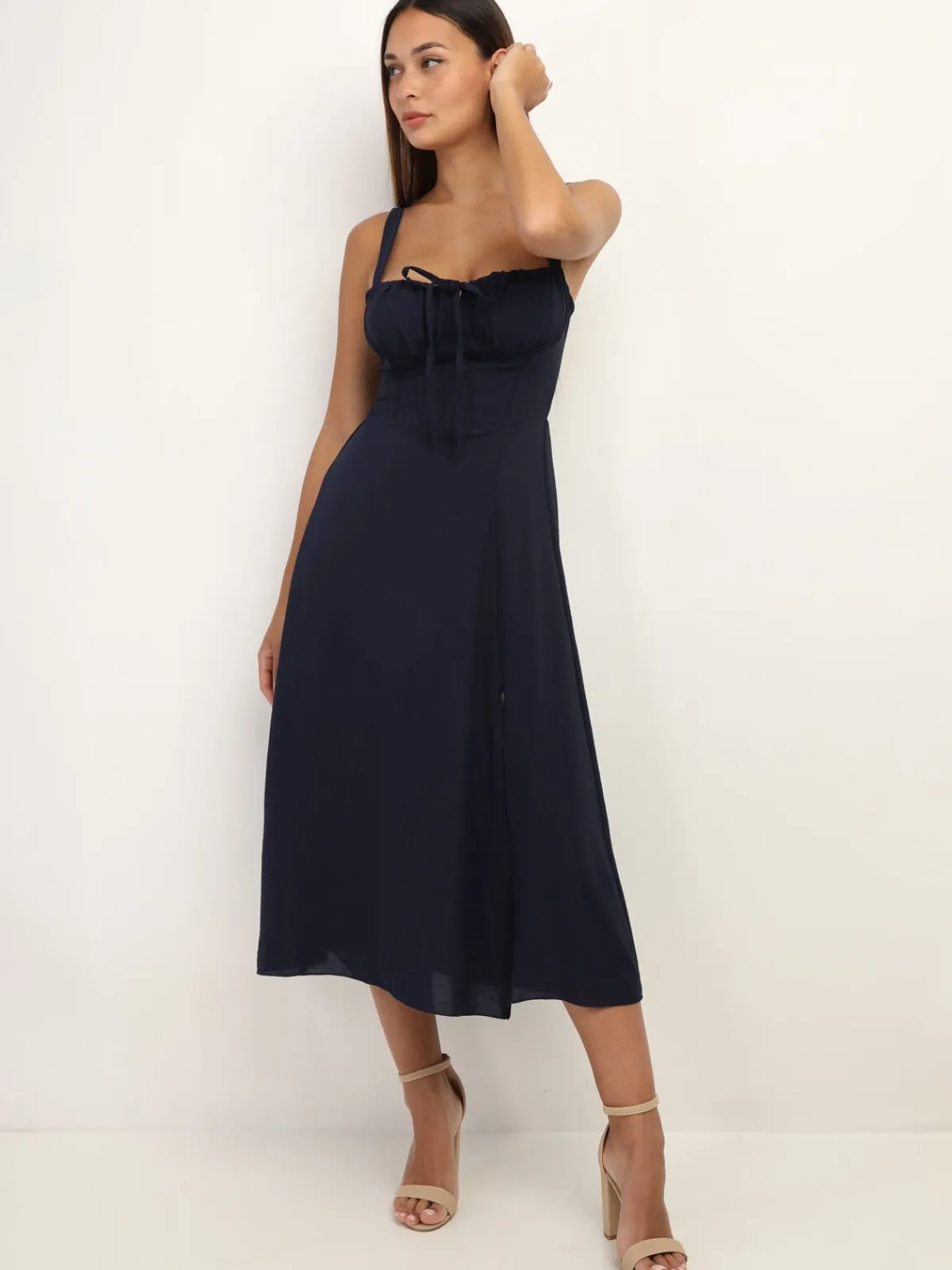 Discount La Modeuse Robe corset mi-longue à fente BleuMarine