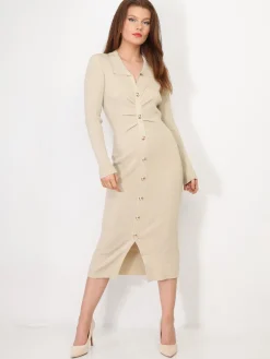 Online La Modeuse Robe côtelée scintillante à boutons dorés Beige