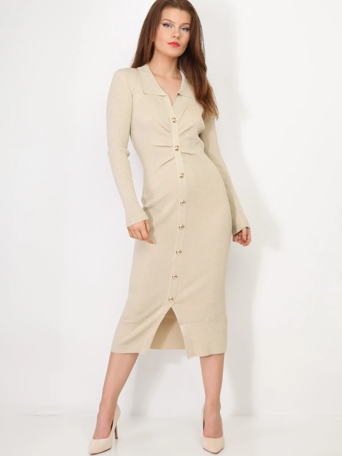 Online La Modeuse Robe côtelée scintillante à boutons dorés Beige