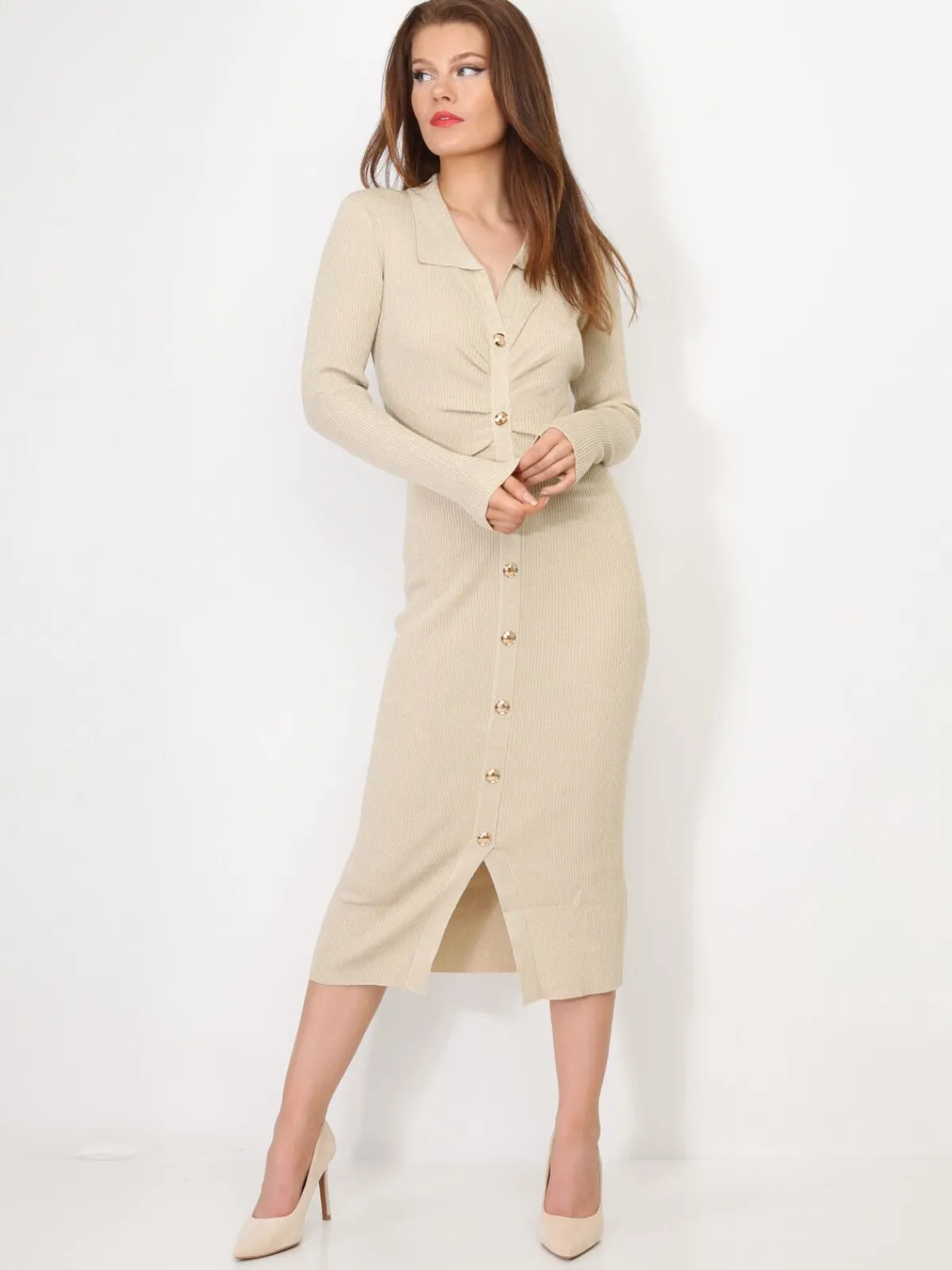 Online La Modeuse Robe côtelée scintillante à boutons dorés Beige