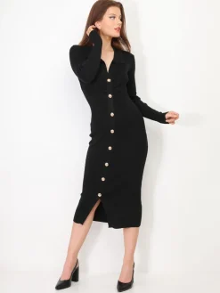 Best La Modeuse Robe côtelée scintillante à boutons dorés Noir