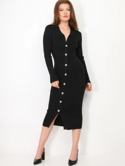 Best La Modeuse Robe côtelée scintillante à boutons dorés Noir