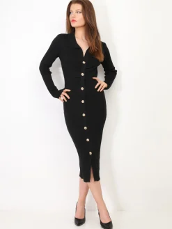 Best La Modeuse Robe côtelée scintillante à boutons dorés Noir
