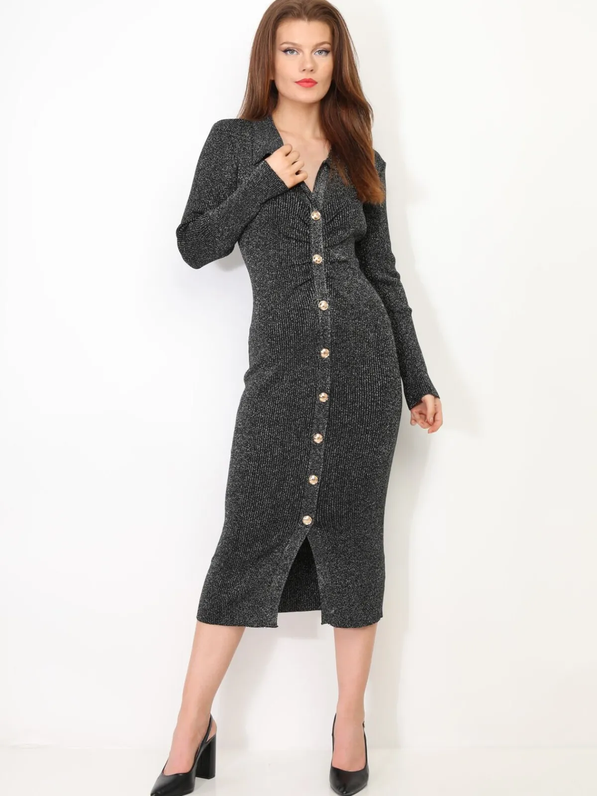 New La Modeuse Robe côtelée scintillante à boutons dorés Argenté