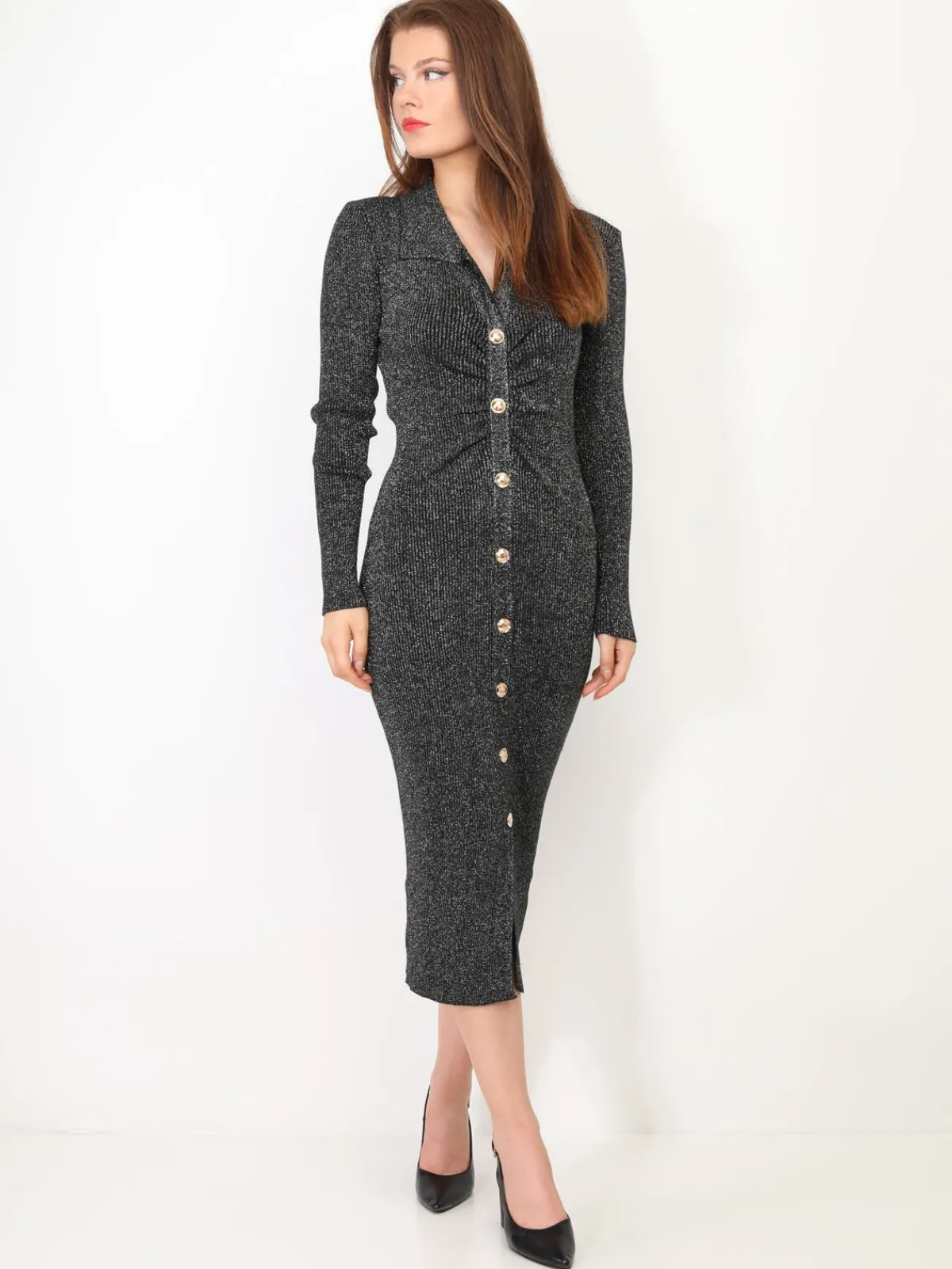 New La Modeuse Robe côtelée scintillante à boutons dorés Argenté