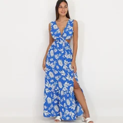 Discount La Modeuse Robe cut out à imprimé feuilles Bleu