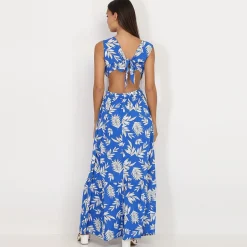 Discount La Modeuse Robe cut out à imprimé feuilles Bleu