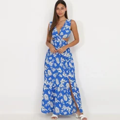 Discount La Modeuse Robe cut out à imprimé feuilles Bleu