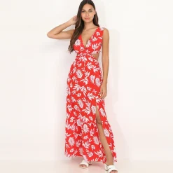 Online La Modeuse Robe cut out à imprimé feuilles Rouge