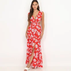 Online La Modeuse Robe cut out à imprimé feuilles Rouge