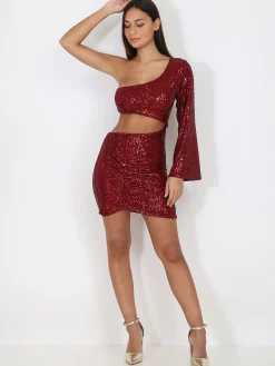 Online La Modeuse Robe cut out en sequins à manche évasée Bordeaux