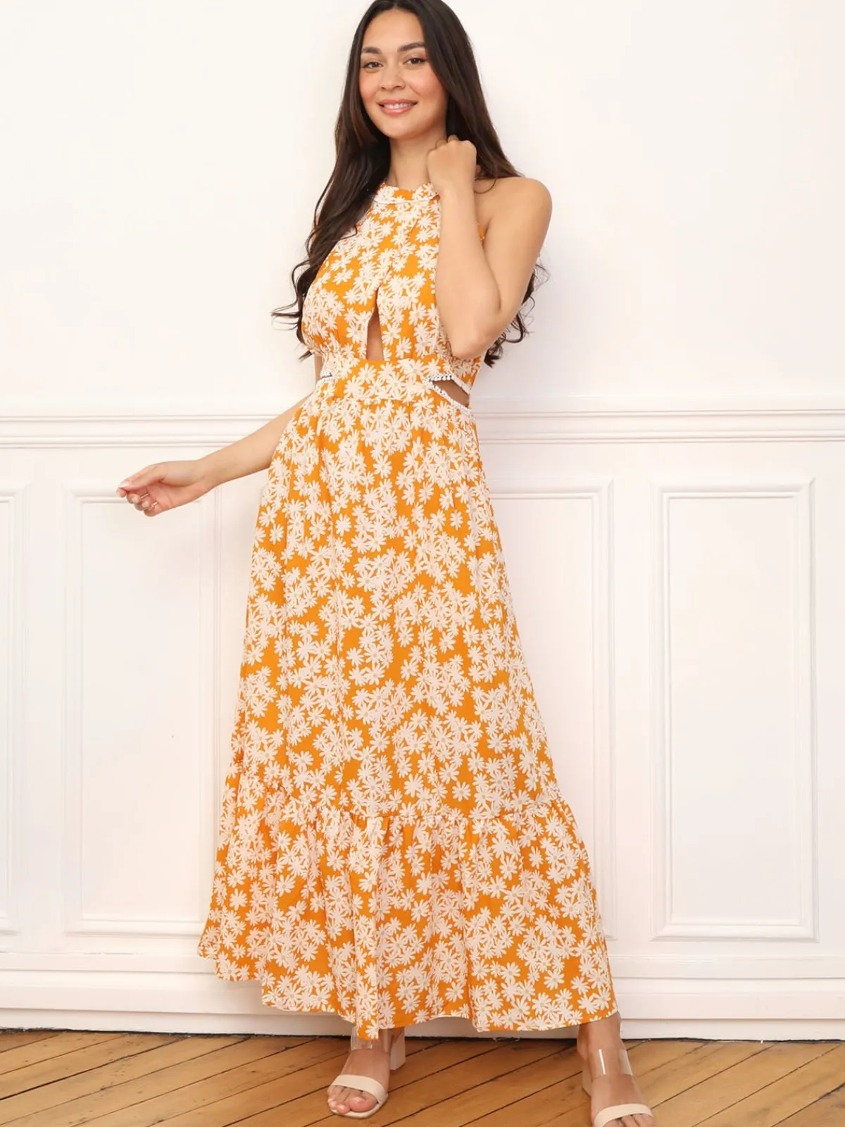 Online La Modeuse Robe cut-out à fleurs et broderie Orange