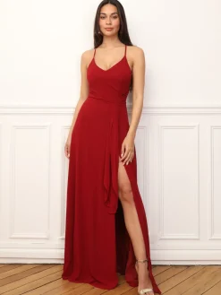 Outlet La Modeuse Robe de cérémonie fendue à volants Rougefoncé