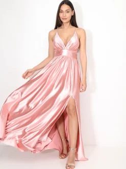 Outlet La Modeuse Robe de cérémonie satinée et fendue VieuxRose