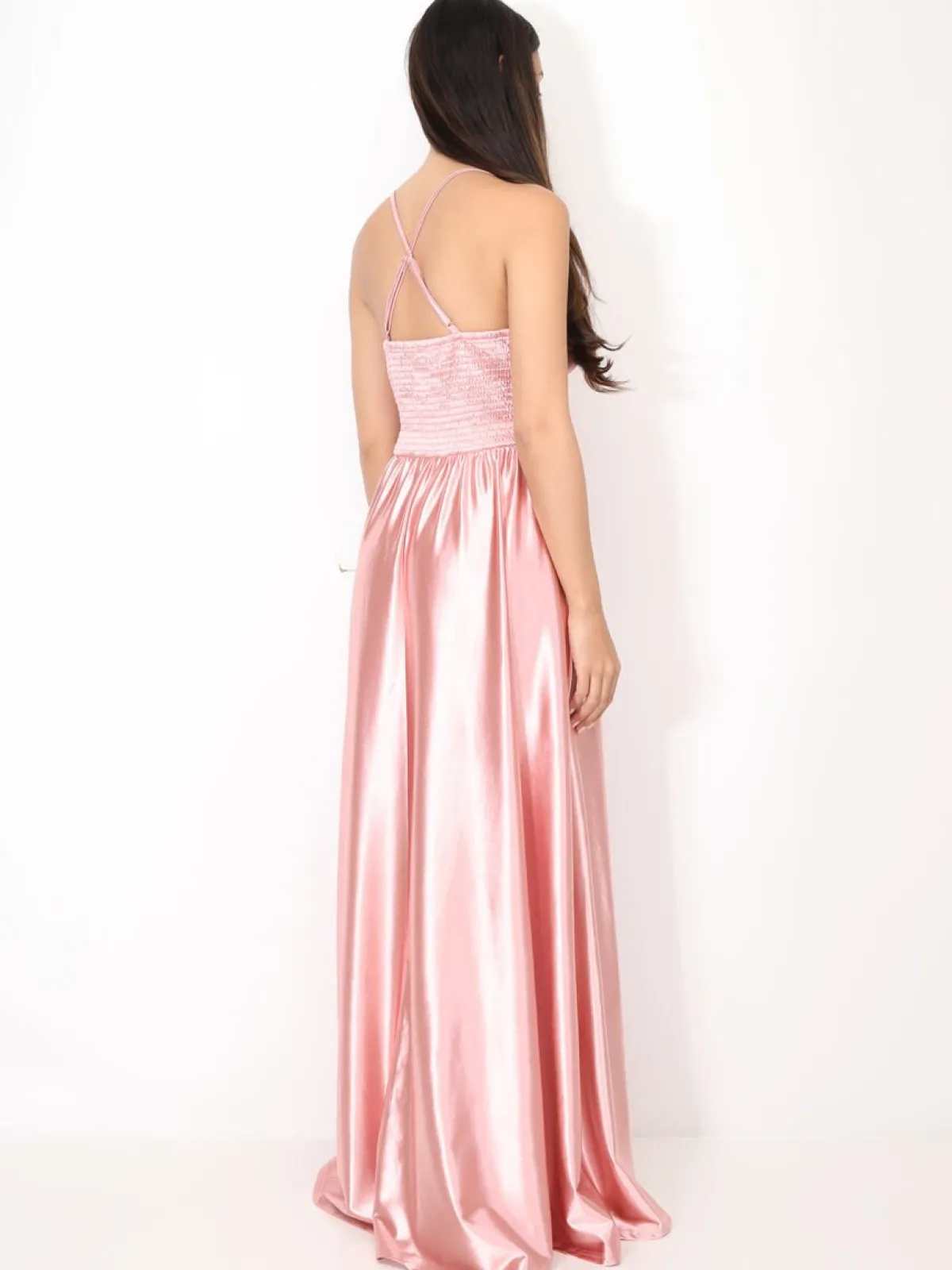 Outlet La Modeuse Robe de cérémonie satinée et fendue VieuxRose