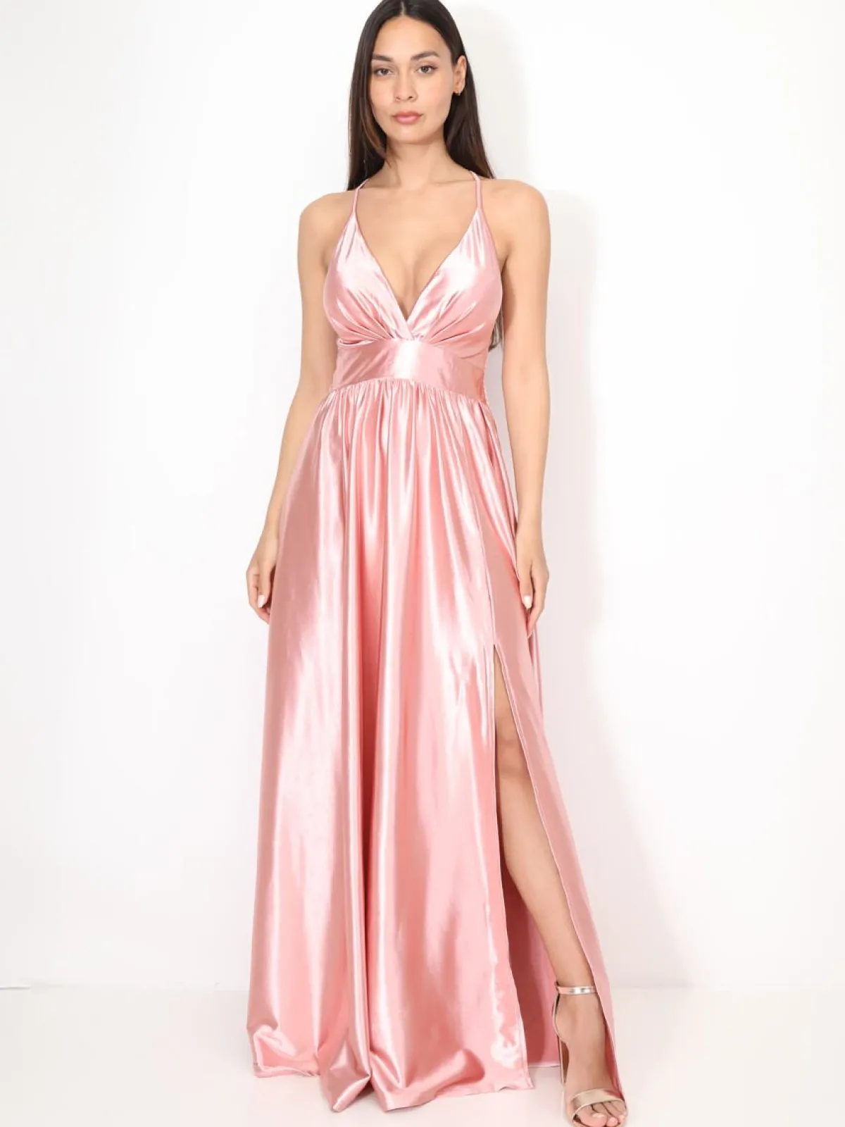 Outlet La Modeuse Robe de cérémonie satinée et fendue VieuxRose