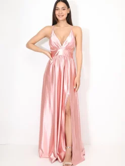 Outlet La Modeuse Robe de cérémonie satinée et fendue VieuxRose