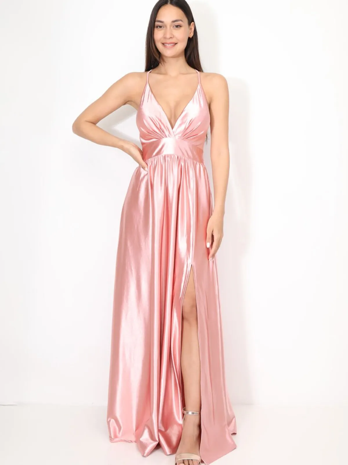 Outlet La Modeuse Robe de cérémonie satinée et fendue VieuxRose