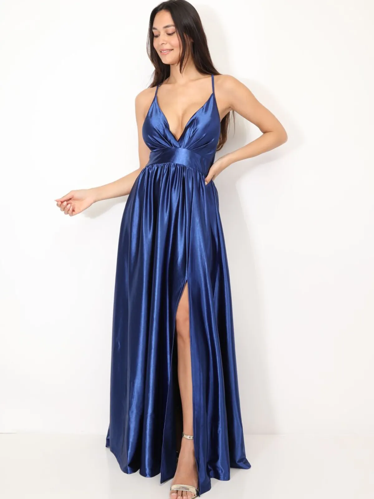 La Modeuse Robe de cérémonie satinée et fendue Bleu