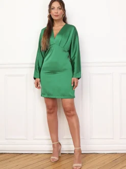 Discount La Modeuse Robe effet cache-c艙ur satinée à dos nu Vertfoncé