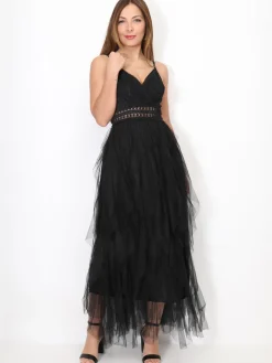 Clearance La Modeuse Robe en crochet avec volants en tulle Noir