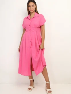 Best La Modeuse Robe en lin boutonnée à fente Fuchsia
