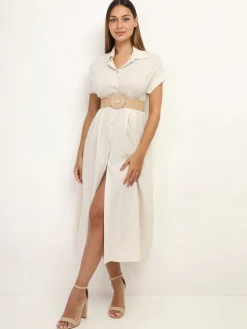 Online La Modeuse Robe en lin boutonnée à fente Beige