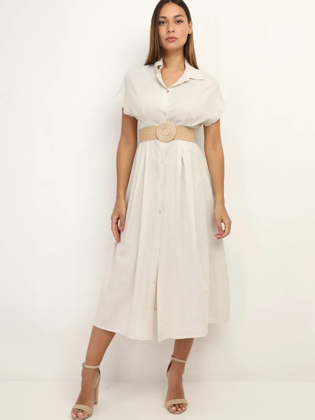 Online La Modeuse Robe en lin boutonnée à fente Beige