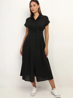 Best La Modeuse Robe en lin boutonnée à fente Noir
