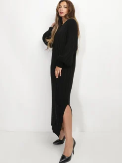 New La Modeuse Robe en maille côtelée à fentes Noir