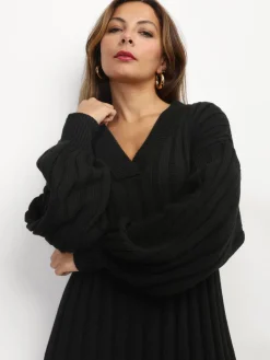 New La Modeuse Robe en maille côtelée à fentes Noir