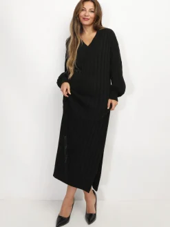 New La Modeuse Robe en maille côtelée à fentes Noir