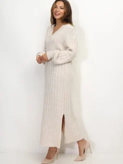 Sale La Modeuse Robe en maille côtelée à fentes Beige