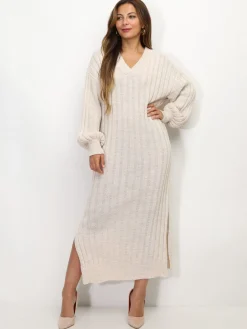 Sale La Modeuse Robe en maille côtelée à fentes Beige