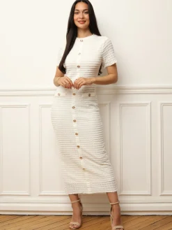 Hot La Modeuse Robe en maille texturée et ajourée Blanccassé