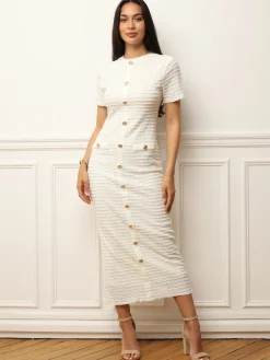 Hot La Modeuse Robe en maille texturée et ajourée Blanccassé