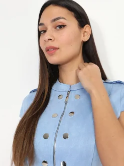 Hot La Modeuse Robe en suédine à zip et ceinture BleuClair
