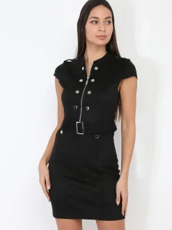 La Modeuse Robe en suédine à zip et ceinture Noir