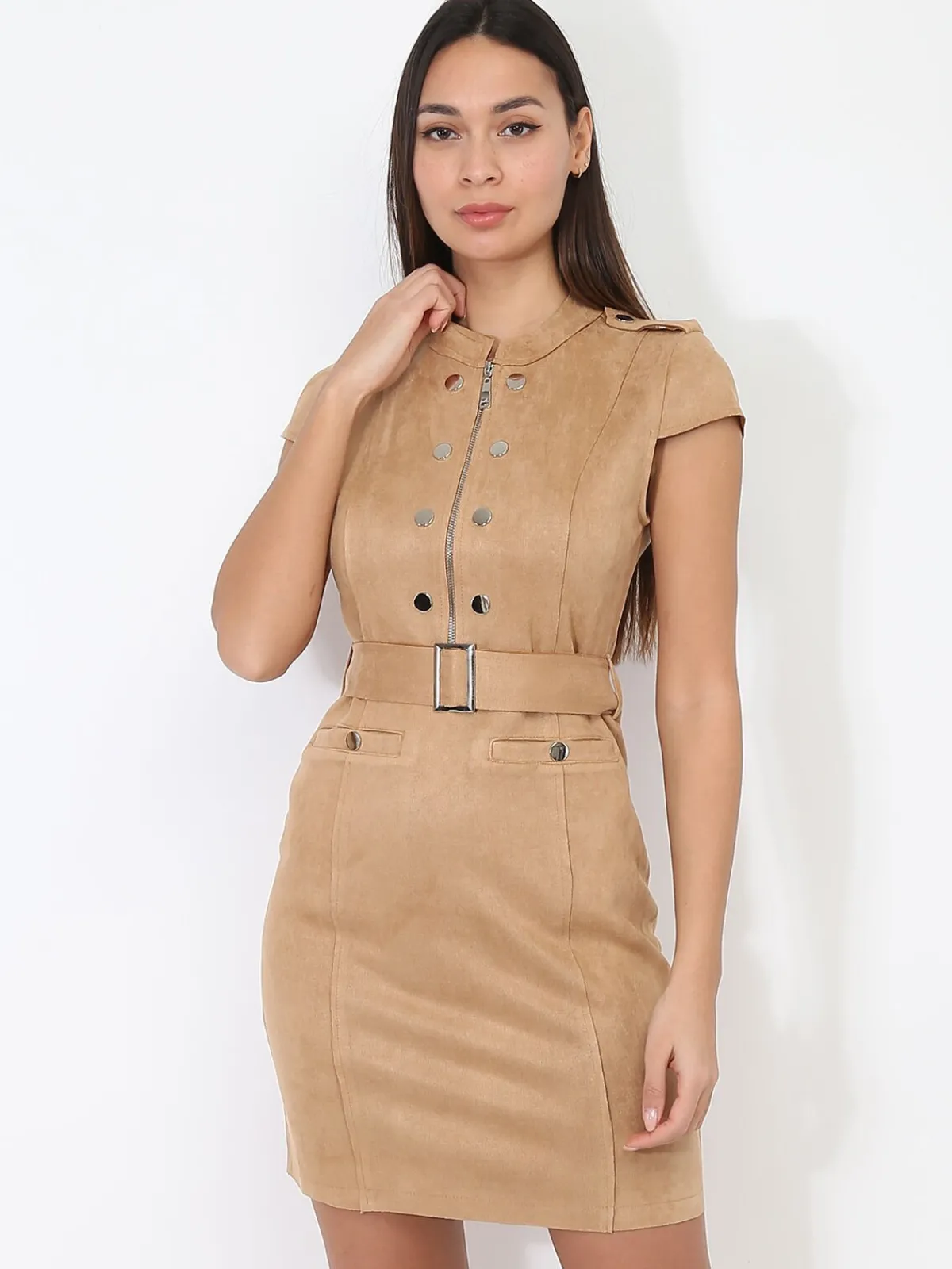 Sale La Modeuse Robe en suédine à zip et ceinture Camel