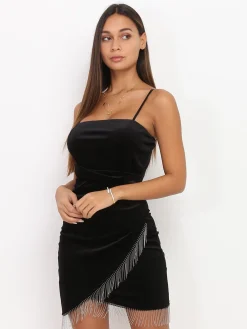 Clearance La Modeuse Robe en velours à franges Noir