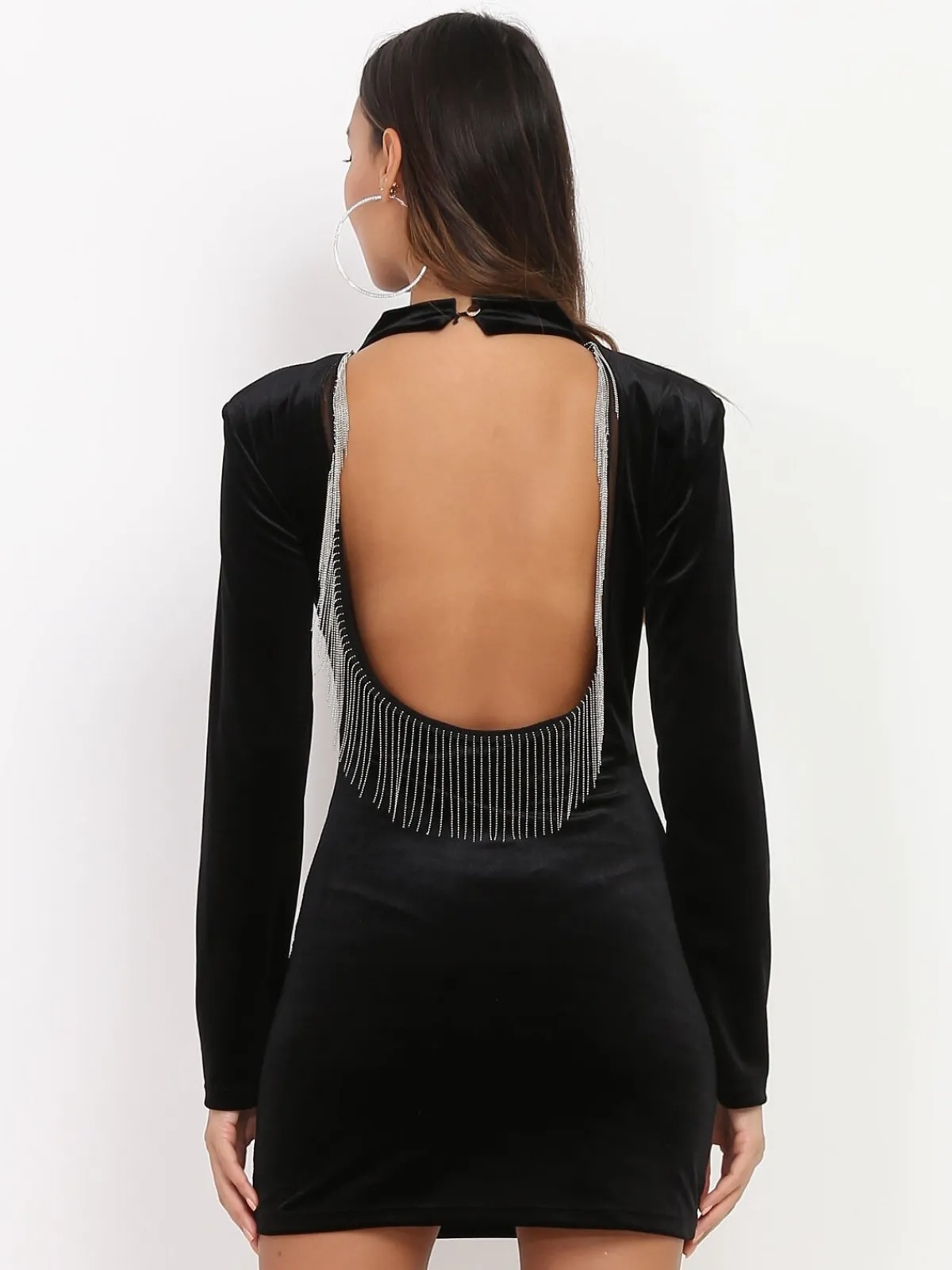 Clearance La Modeuse Robe en velours dos nu à franges Noir