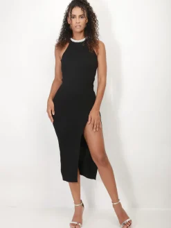Online La Modeuse Robe fendue à col en strass Noir