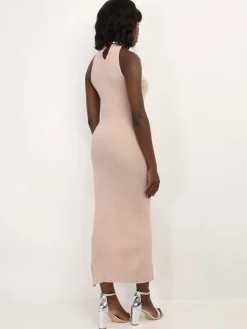 Outlet La Modeuse Robe fendue à col en strass Taupe