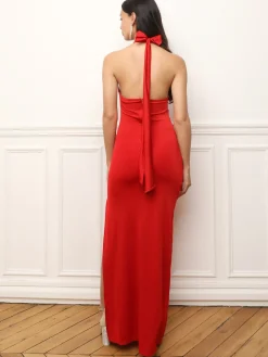 La Modeuse Robe fendue à dos nu et fleurs 3D Rouge