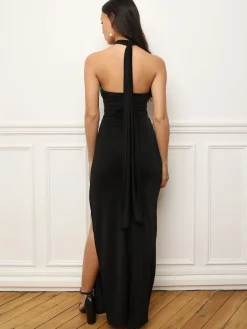 Hot La Modeuse Robe fendue à dos nu et fleurs 3D Noir