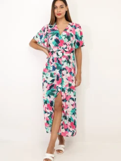 Clearance La Modeuse Robe fendue à imprimé fleurs aquarelles Vert/Rose