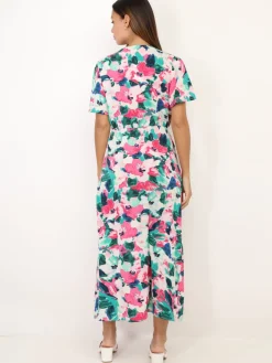 Clearance La Modeuse Robe fendue à imprimé fleurs aquarelles Vert/Rose
